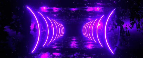 ネオン照明の背景を持つ廃墟未来的な廊下 亀裂や3Dレンダリング紫色の輝く楕円と穴の暗い未来的なテクノゲートウェイ 電気式設計の仮想部屋 — ストック写真