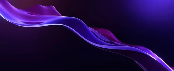 Neon wave with gradient and highlights background. Soft sliding flow of 3d render purple liquid in dark. Futuristic fabric with colorful detailing
