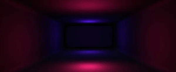 Dark room cinema hall with neon illumination background. Empty corridor with 3d render black screen and purple lights waiting for performance and show