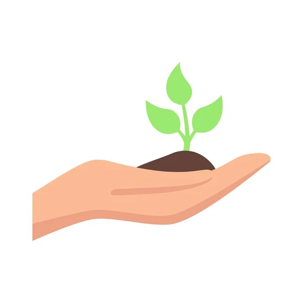 stock vector Hand holds green plant with soil. Planting new seedlings with ecology care and organic growing with bio protection against chemicals and harmful vector conditions