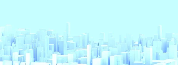 青と白の抽象的な大都市の背景 超高層ビルや建築物をミニマルなスタイルで3Dレンダリングしたモダンな街並み 朝市のパノラマバナー — ストック写真