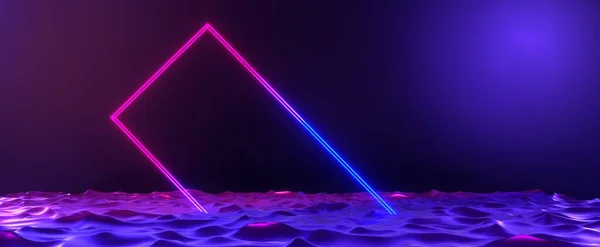波の背景を持つ傾斜ネオン輝くフレーム 紫レーザー光と夜明るいグラデーションで3Dレンダリングと未来的なエネルギーフローバナー 仮想現実におけるサイバーパルスの概要 — ストック写真