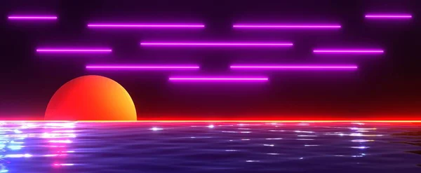 Neon sea with setting sun and laser abstract clouds background. Red glowing sunset line with purple cloud lines with 3d render of night highlights and digital design