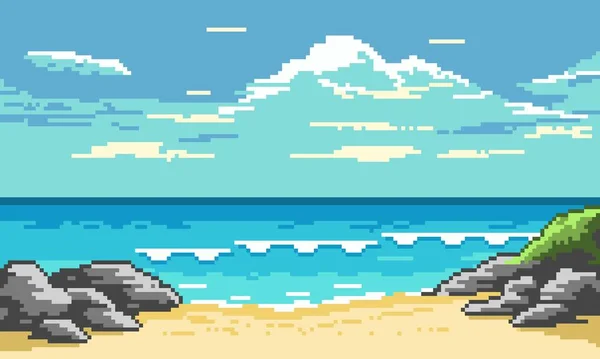 Pixel Tropischer Strand Mit Wellen Hintergrund Leerer Gelber Sandstrand Mit — Stockvektor