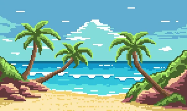 Піксельний Тропічний Пляж Тлом Пальми Порожній Жовтий Піщаний Пляж Сірими — стоковий вектор
