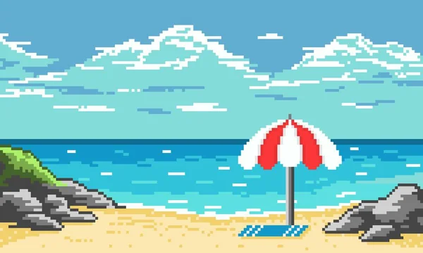 Піксельний Тропічний Пляж Смугастим Парасольковим Тлом Барвистий Піщаний Пляж Сірими — стоковий вектор