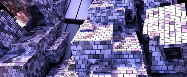Bâtiments Techno Futuristes Partir Tuiles Briques Fond Cubes Violets Numériques — Photo