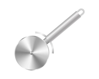 Pizza ve pasta kesmek için gümüş bıçak. Pizzacı ve mutfak vektörü kullanımı için saplı yuvarlak tekerlek kesicisi