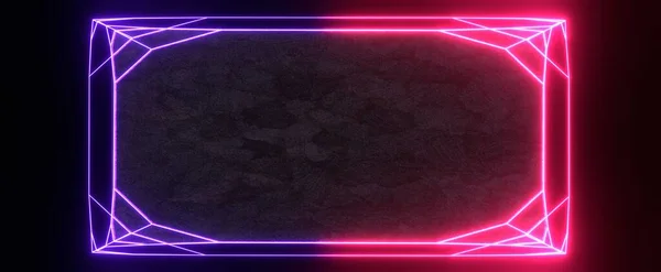 エネルギーの装飾が施されたネオン長方形のフレーム サイバーパンクとレイブパーティーのレーザー紫色の3Dレンダリングフレア メッシュハイライト付きデジタル未来的な看板 — ストック写真