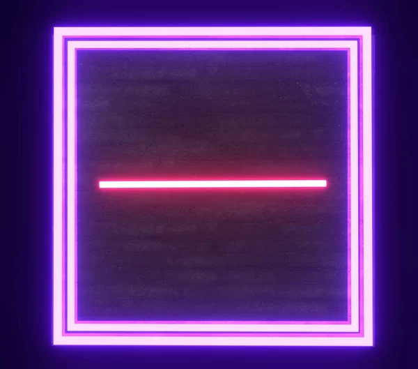 具有货架背景的混凝土墙体上的霓虹灯架 激光黑暗3D渲染了赛博庞克80的照明弹 数字方块广告牌上有紫色线条 未来的电动广告合成波 — 图库照片#