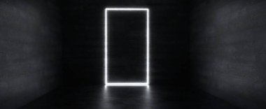 Karanlık oda arka planında parlayan beyaz çerçeve kapısı. Siyah arıza 3D siber punk ve çılgın partileri alevlendiriyor. Işıklı dijital fütüristik reklam panosu.