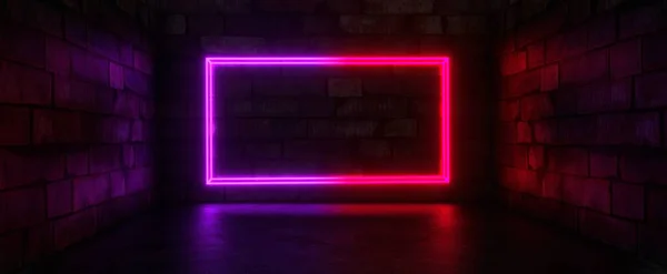 Glowing purple rectangle frame in brick room background. Neon laser 3d render flare of cyberpunk and rave parties. Digital futuristic billboard with techno highlights.