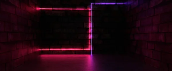 暗室背景下的霓虹灯网框 激光紫色3D渲染网络朋克和80年代狂欢派对的照明弹 带有网格高光的数字未来主义广告牌 — 图库照片#
