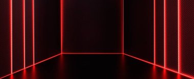 Kırmızı lazer aydınlatma arka planına sahip tekno ağ odası. Karanlık yüzeydeki boş 3d görüntüleme odalarında parlak çizgiler ve fütürist tasarım yansımaları.