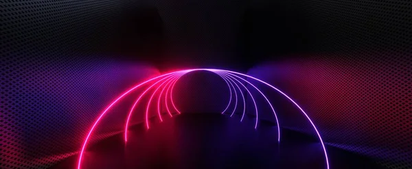 ネオンスパイラルを背景にしたサイバーメッシュルーム グリッド壁と紫色のライトを備えたサイバールームインテリアクラブデザインと未来的なシーンのための3Dレンダリング — ストック写真