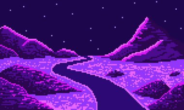 Gece tepe çöl arka planında pikselli viraj yolu. Wnding synthwave karayolu 8bit neon vadisi yıldızlı gökyüzü mor yol ve vektör tepeleriyle.