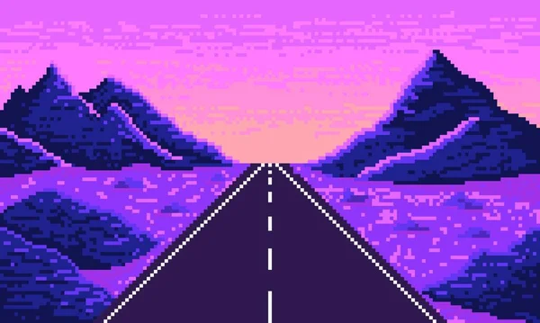 在霓虹灯沙漠中的Pixel直达公路 紫色合成波8比特谷地 柏油路延伸至地平线 有沙地和矢量丘陵 — 图库矢量图片