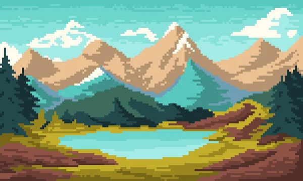 Lembah Piksel Dengan Latar Belakang Pegunungan Dan Danau Pemandangan 8Bit - Stok Vektor