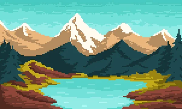 Retrô Do Sol E Da Paisagem Montanhosa No Estilo Pixel Art, 8 Bits