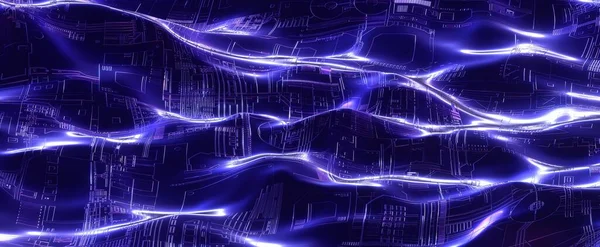 发光的霓虹灯网络波背景 数字紫色电路和三维板渲染在海水黑暗中 具有合成波电效应反射的技术闪光 — 图库照片#