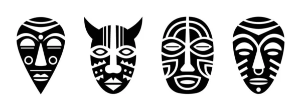 萨满人和原住民的礼仪面具设置 在宗教仪式和传统仪式中 巫术面临着非洲神恶魔的图腾 — 图库矢量图片#