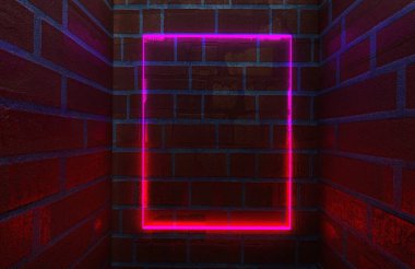 Duvarın arka planında parlayan neon çarpıtma çerçevesi. Lazer arızası mor 3D gece kulübü için parıltılı pankart ve retro elektrik reklam sentetikleri ile bar tasarımı