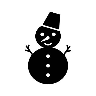 Mutlu bayramlar siyah kardan adam ikonu. Yeni yılı kutlamak ve selamlamak için kafasında kova ve havuç burnu olan mutlu karlı Noel sembolleri.