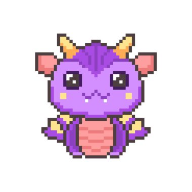 Şirin mor piksel ejderhalar. Kawaii renkli komik dinozor. Fantezi 8bit grafikleri, boynuzları ve efsanevi gülümseyen küçük vektör canavarları var.