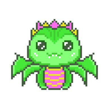 Açık kanatlı şirin yeşil piksel ejderhalar. Kawaii komik odunsu dinozor. Fantezi 8bit grafikleri, muhteşem boynuzları ve efsanevi gülümseyen küçük vektör canavarlarıyla.