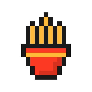 Piksel kızartma ikonu. Perküsyon ve oyun vektör tasarımı için yağda kızartılmış patatesli kırmızı 8 bit paket