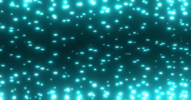 Neon mavisi parlayan parçacıklar. Fütürist uzayda parlak hareket enerjisi olan siber dijital tozdan bir duvar.