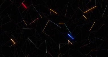 Parlak mozaik çizgiler ve çizgiler. Mor geometrik şekiller, dijital ağ ya da gelecekçi şehir manzarası izlenimi veren hareket hissi yaratır.