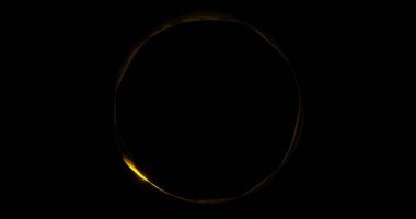 Altın çizgili yuvarlak geometrik çerçeve. Elektrikli gösteriler için hareket eden altın ışıltılı ışıkla aydınlatılan parlayan boş daire