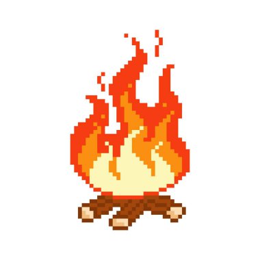 Büyük pikselli şenlik ateşi yakıyorum. Yangın, yürüyüş sonrası piknik ve rahatlama pikniğinin pikselleştirilmiş sıcak atmosferiyle alevlendi.