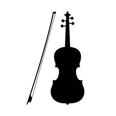 Fiyonklu keman silueti. Şık sesli ve melodik notalı senfoni orkestrasından siyah telli eski ahşap enstrüman