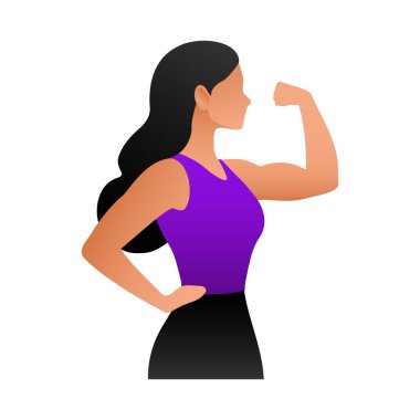 Sportif kadın güçlü kollar gösteriyor. Atletik kız, sağlıklı vücut geliştirme ve vücut geliştirmenin sembolü olarak kolunu kas kaslarıyla büker.