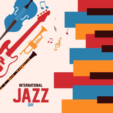 Jazz günü posteri ve poster tasarımı şablonu, afiş, etkinlik promosyonu. Vektör illüstrasyonu