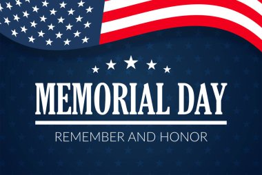 Anma Günü - Hatırla ve Onur Posteri. Usa Anma Günü kutlaması. Amerikan ulusal bayramı. Kırmızı metinli davetiye şablonu ve beyaz arka planda bize bayrak sallıyor. Vektör