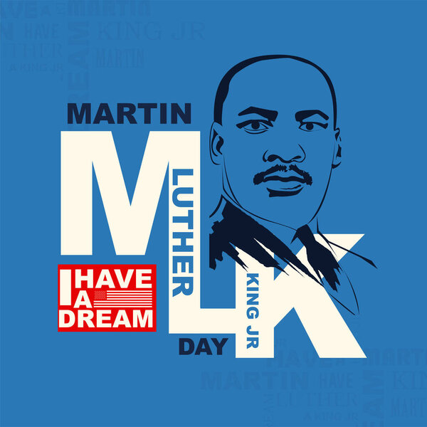 Text Martin Luther King Day on the background of black man and usa flag