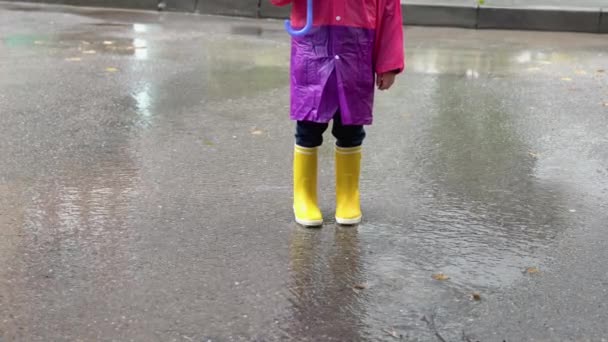 孩子在雨中玩耍 孩子们穿着雨伞和雨靴在外面大雨倾盆地玩耍 小男孩在泥泞的水坑里跳跃 孩子们被秋天的雨天逗乐了 在热带风暴中奔跑的儿童 — 图库视频影像