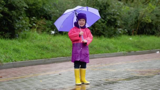 Niño Jugando Bajo Lluvia Otoño Niño Con Paraguas Diversión Aire — Vídeo de stock