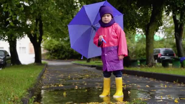Дети Зонтиками Дождевыми Сапогами Играют Открытом Воздухе Ливнем Ребенок Играет — стоковое видео