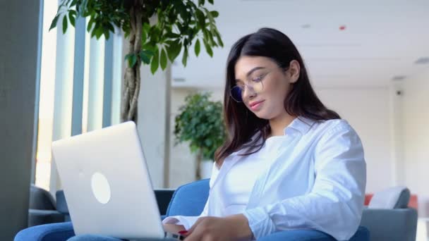 Young Charming Female Freelancer Using Laptop Computer Distance Job While — Stock Video