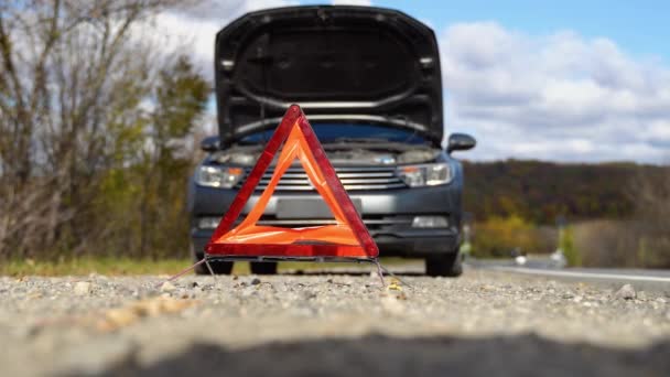 Sorunlu Araba Diğer Yol Kullanıcılarını Uyarmak Için Kırmızı Üçgen — Stok video