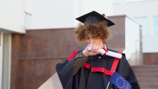 Curly Funny Graduate Masters Mantle Holds Diploma Completion His Studies — Stock Video