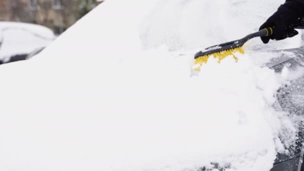 Junger Mann Räumt Wintertag Freien Schnee Von Autoscheibe — Stockvideo