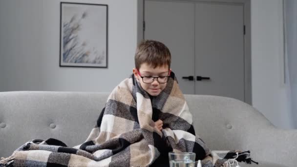 Băiețel Gripă Febră Dureri Cap Înfășurate Într Caroserie Canapea Perioada — Videoclip de stoc