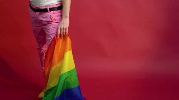 Jonge Activist Glimlachend Gelukkig Homo Man Houden Regenboog Vlag Geïsoleerd — Stockvideo