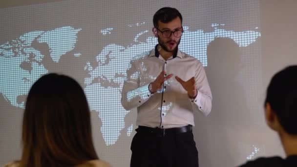 Group New Generation Discussing Renewable Energy Meeting Room World Map — Vídeo de Stock