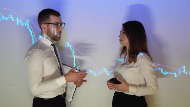 Business Partners Man Woman Discussing Investment Deal Handshake Stock Market — Video